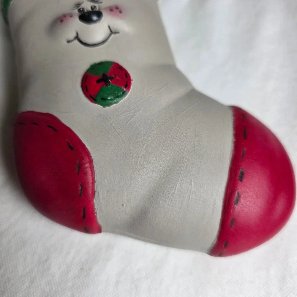 Vintage 2000 Handmade Ceramic Christmas Stocking Ornament Whimsical Grey Red